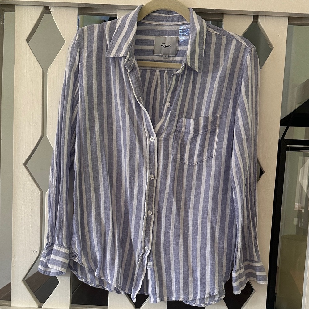 Rails Blue and White Vertical Stripe Button Linen Shirt